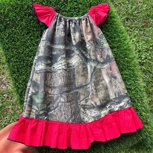 CAMOUFLAGE GIRLS DRESS RUFFLED SLEEVE TRIM RED COTTON HANDMADE DUCK HUNTING